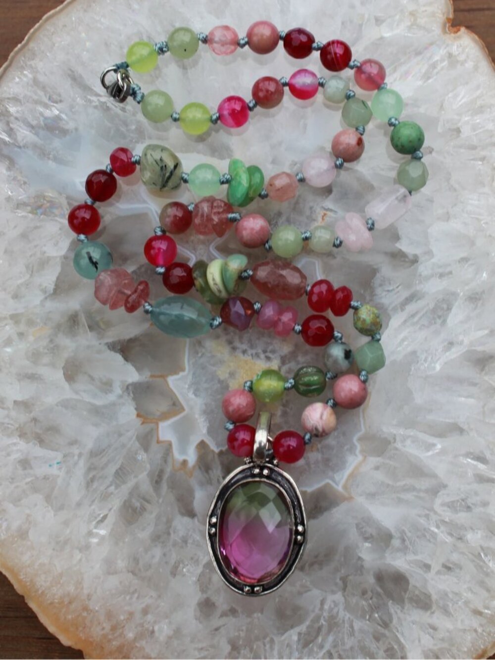 Beaded Gemstone Necklace in Pink and Green with Tourmaline Pendant - Picture 3 of 7